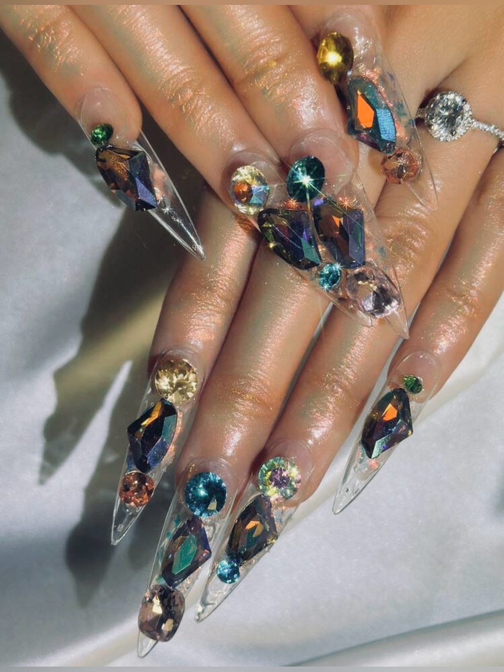 New🔥Crystal Stiletto Nail Set with Multicolor Gems